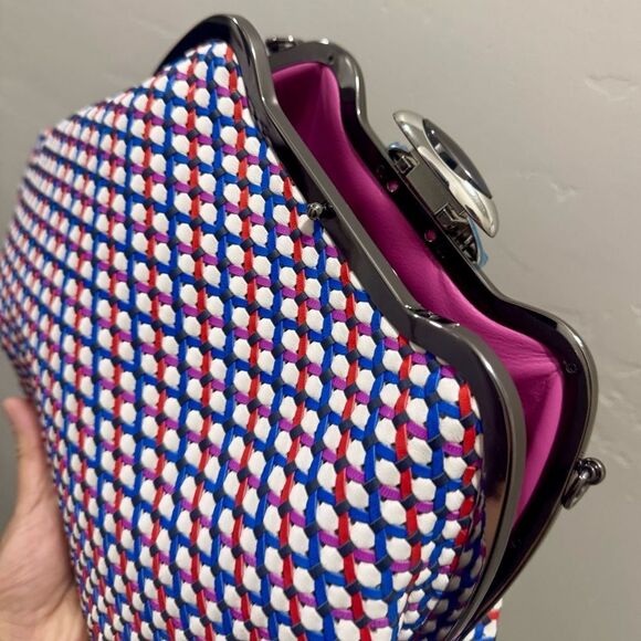 Original design! Unique Handmade Woven Lambskin Custom Metal Frame Boho Handbag - Picture 13 of 16